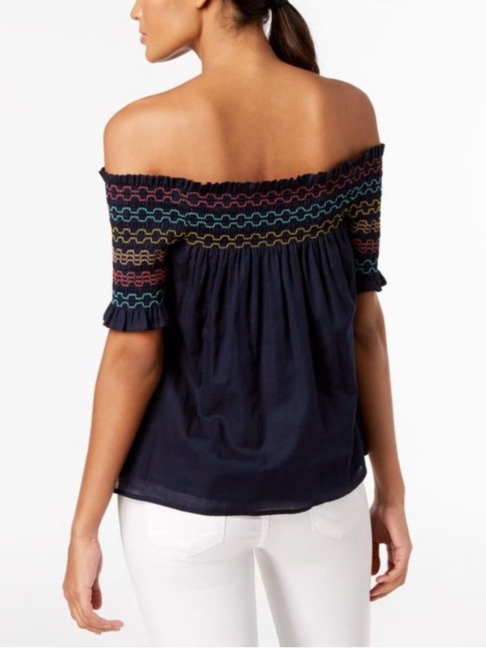 Trina Turk Off-Shoulder Navy Smocked Top with Multicolor Stitching - Picture 2 of 9
